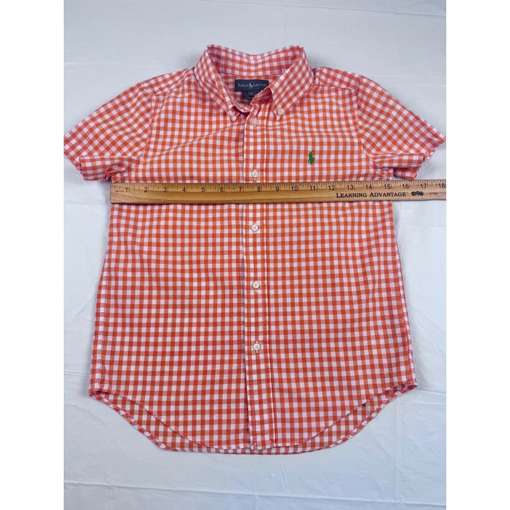 Ralph Lauren Boys Orange White Gingham‎ Short Sleeve Button Down Shirt Size 6